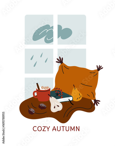 Cozy autumn card. Relax at windowsill. Rainy weather. Fall season rest. Admire rainfall outside window. Coffee cup with cinnamon. Pears and hazelnut. Read book. Vector autumnal poster