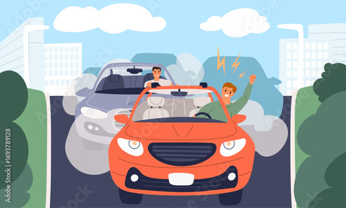 Angry male driver behaves aggressively in car stuck in traffic jam. People conflict. Abuse shouts from automobiles. City transportation. Transport congestion at street. Vector concept