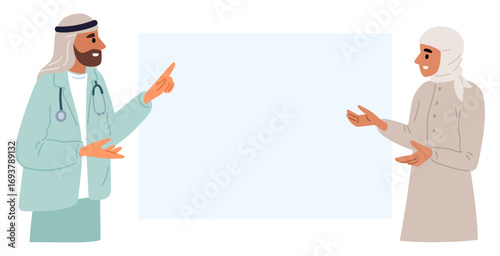 Arab doctor counseling Muslim woman against white poster in background. Traditional Saudi clothing. Medical specialist showing empty billboard. People presenting banner. Vector concept
