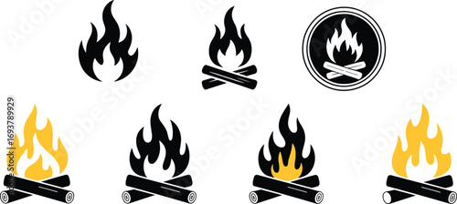 Set of Campfire and Bonfire Icons in Black and Yellow for Outdoor Adventure, Camping, Fire Safety, Survival and Graphic Design Projects