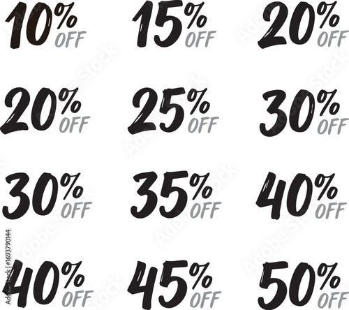 Percent off signs: This eye-catching assortment of sales graphics displays various percentage discounts, perfect for enhancing marketing materials.
