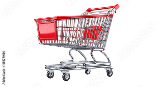 Realistic red and silver shopping cart, glossy metallic texture, detailed design, isolated clean on solid white background