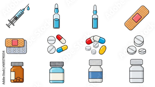 Medical Emoji Vector Set | Healthcare Icons of Syringe, Pills, Capsules, Bottles and Plaster