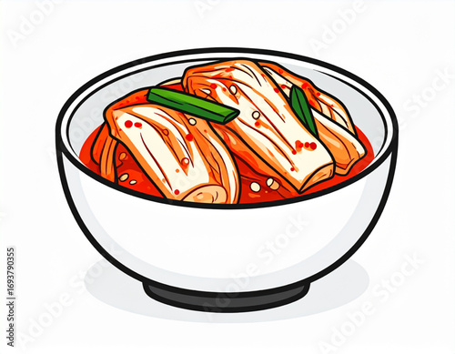 Cartoon Vector Illustration of Kimchi in White Bowl
