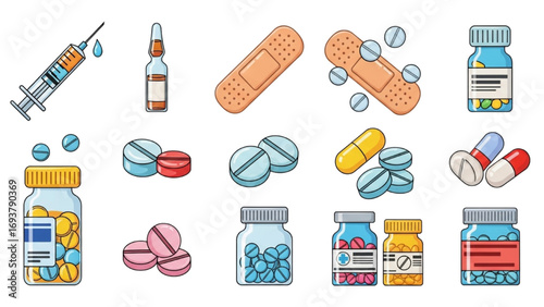 Medical Emoji Vector Set | Healthcare Icons of Syringe, Pills, Capsules, Bottles and Plaster