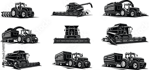 Black Silhouette Set of Tractors, Harvesters, and Farm Trailers for Agricultural Machinery, Crop Harvest, Farming Equipment, and Rural Transport Vector Design