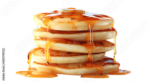 Realistic stack of pancakes, fluffy layers, glossy syrup, elegant food shot on solid white background