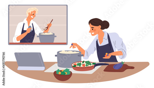 Woman learns how to cook food from video lesson. Online recipe. Girl cooking soup at kitchen and watching vlog at laptop screen. Culinary course. Meal preparation teaching. Vector concept