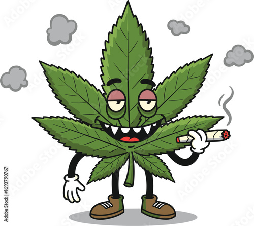 Funny cartoon marijuana leaf character smoking joint, cannabis mascot with red eyes, weed humor illustration, stoner art with smoke