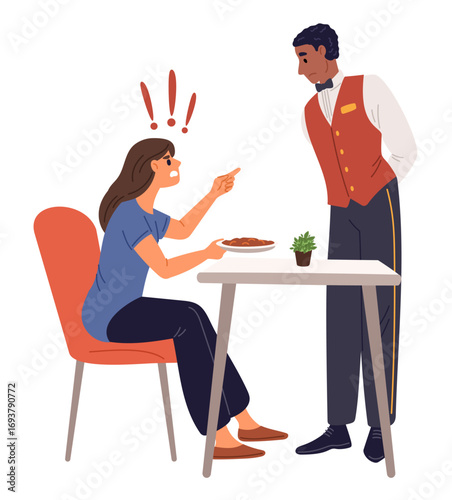 Woman is dissatisfied with quality of food in cafe. Girl yells at waiter for bad service. Conflict in restaurant. Angry client shouting. Displeased female sitting at table. Vector concept
