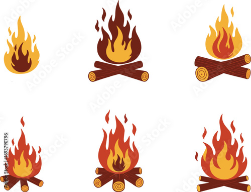 Vector Campfire Icons Set – Burning Flame and Log Graphics for Camping, Bonfire, Fire Safety, Outdoor Adventure, and Warmth Illustration Use