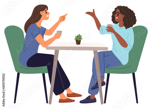 Two fun girl friends relaxing in cafe. Women drinking coffee and chatting. People sitting together at table. Girlfriends communication. Females meeting. Discussing gossips. Vector concept