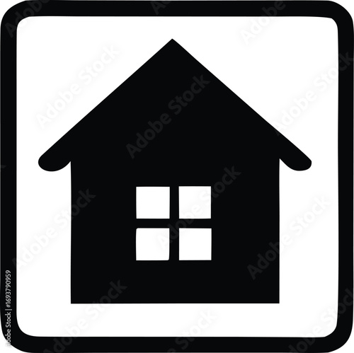 Simple black house icon inside a rounded square frame representing home property real estate and shelter needs