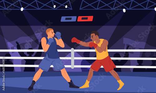 Two boxers fighting each other in boxing ring. Athletic tournament. Kickboxers championship. Professional fighters. Uppercut beat. Kickboxing sparring with opponents. Vector concept