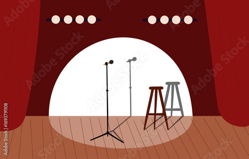 Stage with microphone and stool to host comedy night show. Standup performance. Mike for comedian speaker. Nightclub humorous entertainment concert. Mic at spotlight. Vector background