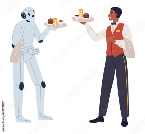 Robot waiter and male waiter holding tray of drinks and pastries. Robot versus human in restaurant business. Food serving staff. Artificial intelligence. Catering service. Vector concept