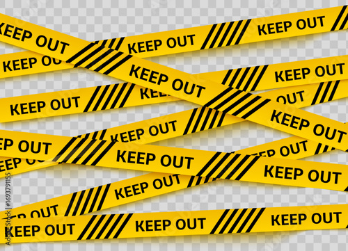 Realistic forbidding yellow striped tape with keep out sign on transparent background. Caution adhesive ribbon. Police line. Restriction zone. Prohibited cordon. Vector warning border