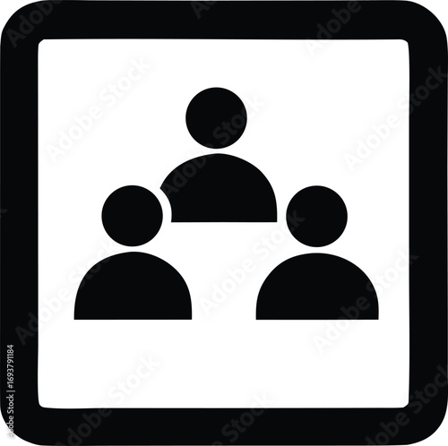 Simple silhouette icon representing a group of three people or a social network connection in a square frame
