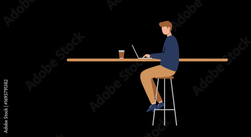 Professional working on a laptop at a high table with coffee. Represents remote work, studying, or a casual business environment.