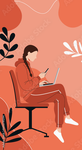 Young woman in a tracksuit multi-tasking with a laptop and smartphone, illustrating remote work, digital communication, and a modern casual lifestyle.