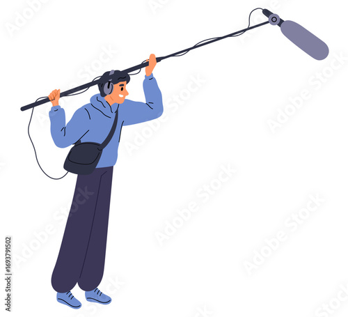 Man holds microphone on long pole to record sound when shooting movie or interview. Film production. Audio recording media equipment. Live streaming journalist reportage. Vector concept