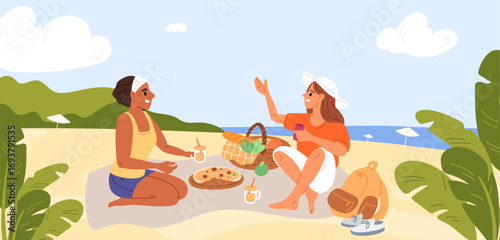 Happy two girls on picnic. Summer beach relax. Friends sitting on blanket in nature. Basket with pizza and drinks. Seaside leisure. Women meeting at tropical seashore. Vector concept