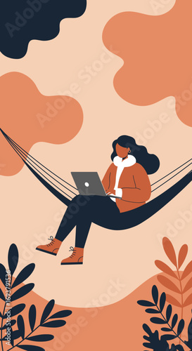 Person in a hammock working remotely on a laptop, embodying a relaxed work-life balance and modern productivity outdoors. Ideal for digital nomad concepts, travel, or flexible work.
