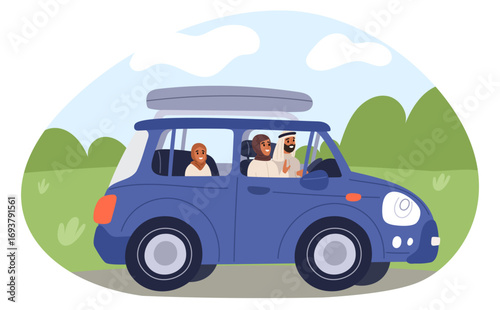 Happy Muslim family in national dress rides in car on vacation. Summer automobile travel. Arabian driver and auto passengers. Arab parents with children. Vehicle side view. Vector concept