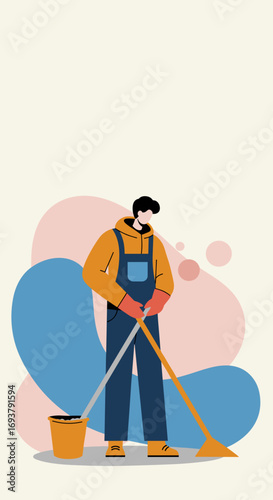 Man in overalls cleaning with mop and bucket. Represents professional cleaning services, household chores, and maintenance for a tidy environment.
