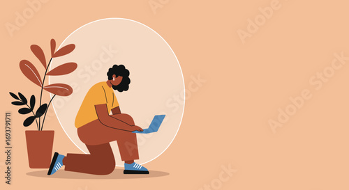 Focused woman in earbuds working remotely on a laptop in a modern, comfortable setting with a plant. Ideal for online learning or digital lifestyle concepts.