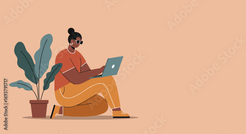 Modern illustration of a person working remotely on a laptop while sitting comfortably on the floor next to a potted plant, representing flexible work and lifestyle.