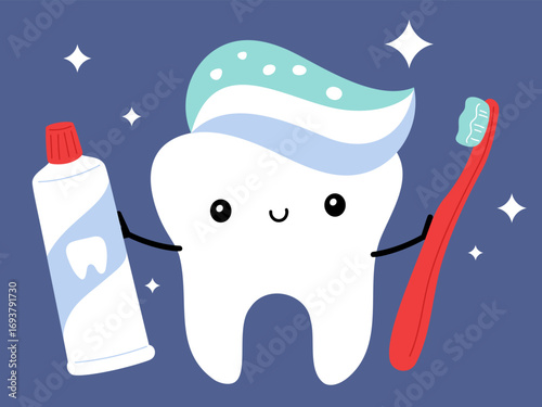 Cute cartoon white tooth with toothpaste and toothbrush in hands. Oral hygiene. Dental health care. Happy smile face. Brushing molar. Cleaning and whitening. Vector children mascot