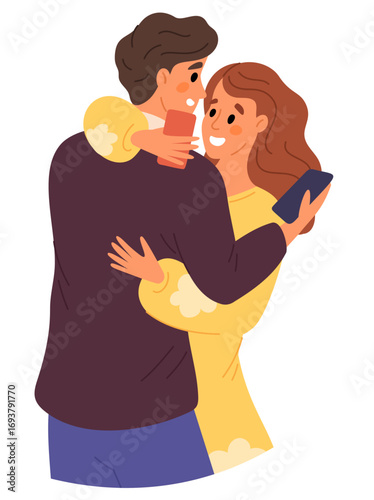 Couple hugs each other but looks at cellphones. Man and woman embrace. Addicted people cuddling and looking at phone screens. Relationship problem. Vector concept of social media addiction