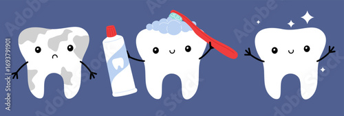 Cartoon teeth characters. Sad dirty and happy clean molars. Brushing mouth tooth. Cleaning enamel with whitening toothpaste. Oral hygiene. Dental health care. Vector kids cute mascots set