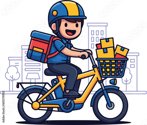 Cartoon Delivery Boy on Bicycle with Package Boxes – Food Courier Illustration