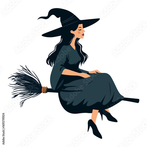 witch, costume, halloween, festival, vector, transparent background, wizard, evil, party, magic, gown, horror, october, witchcraft, witch sitting on a broom, flying