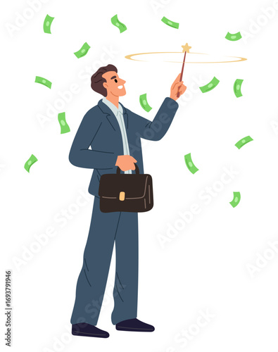 Businessman wizard with magic wand to make big money. Successful investor. Magician spell for finance success. Falling banknotes. Easy profit. Vector concept of getting rich quickly