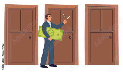 Businessman with green dollar bill knocking on yet another closed door. Man looking for new business. Investor choosing way for money. Thinking about savings investment. Vector concept