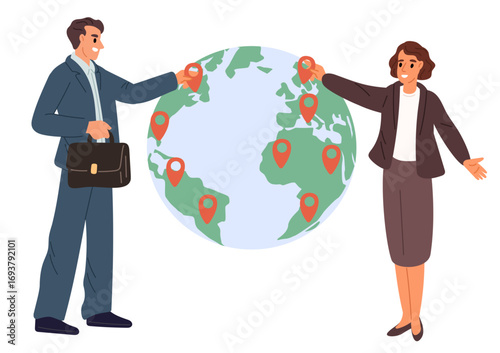Businessman and businesslady putting geo tags on globe. Global business expansion. Franchises management. International company. Location at map. Corporate globalization. Vector concept