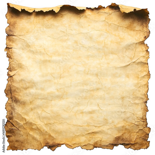 Old paper shows rough and torn edges with yellowed texture on transparent background
