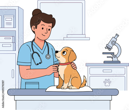 Veterinarian Examining Dog in Clinic – Pet Care and Veterinary Medicine Illustration