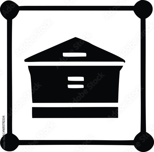 Simple black and white icon of a building with geometric framing and dots representing nodes or connections