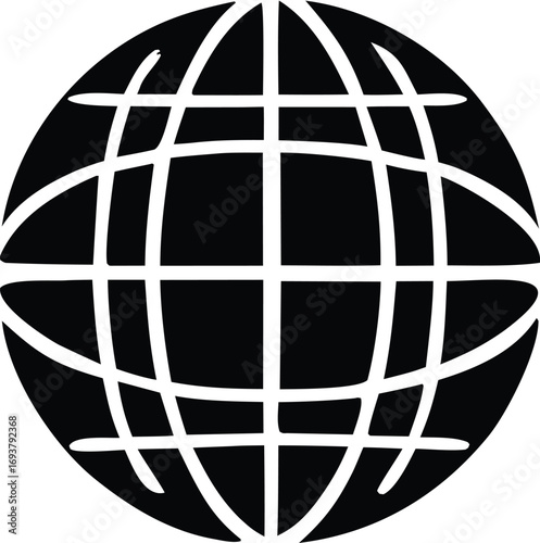 Stylized globe icon simple black and white world map symbol for global connectivity and international business