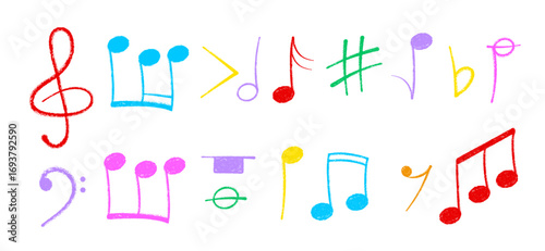 Crayon pastel or chalk music note signs doodle hand drawn symbol shapes set. Chalkboard textured musical symbols treble, bass clefs, pauses doodle collection.
