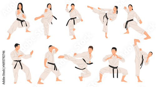 Vector set of ten karate athletes, men and women with black belts, showing martial arts stances and kicks. Perfect for combat sports, self-defense, training, and martial arts design projects.