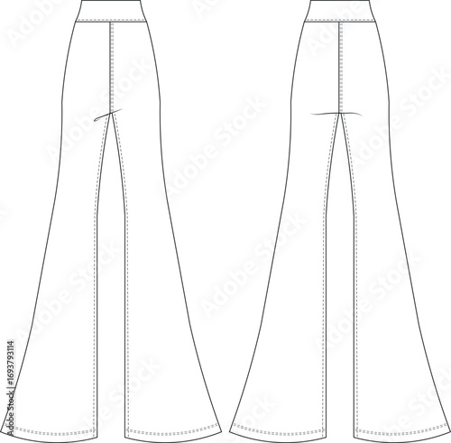 high rise waist elastic banded wide leg palazzo pant trouser sweatpant template technical drawing flat sketch cad mockup fashion woman design style model 
