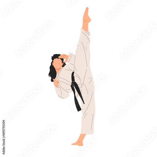 Vector illustration of a female karate athlete performing a side kick in martial arts uniform with black belt. Ideal for combat sports, self-defense, and martial arts design.
