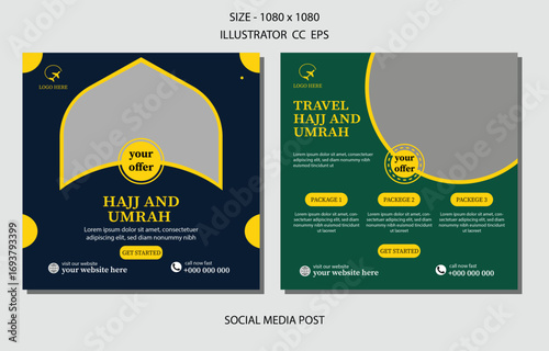Corporate social media post design for Islamic travel discount offer