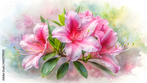 Watercolor painting of pink azalea flower isolated on white background