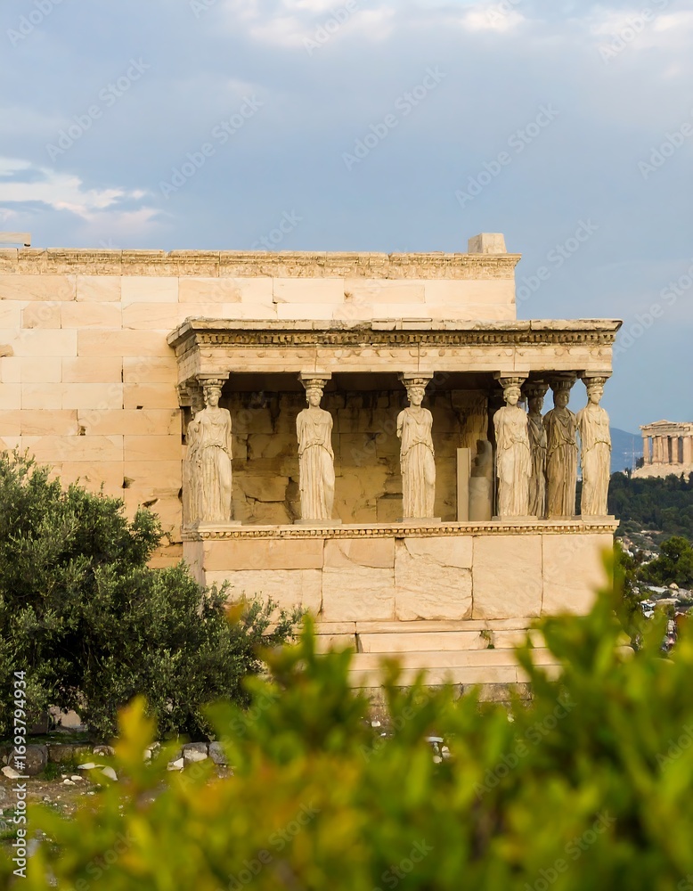Fototapeta premium Ancient temple facade with statues, overlooking city